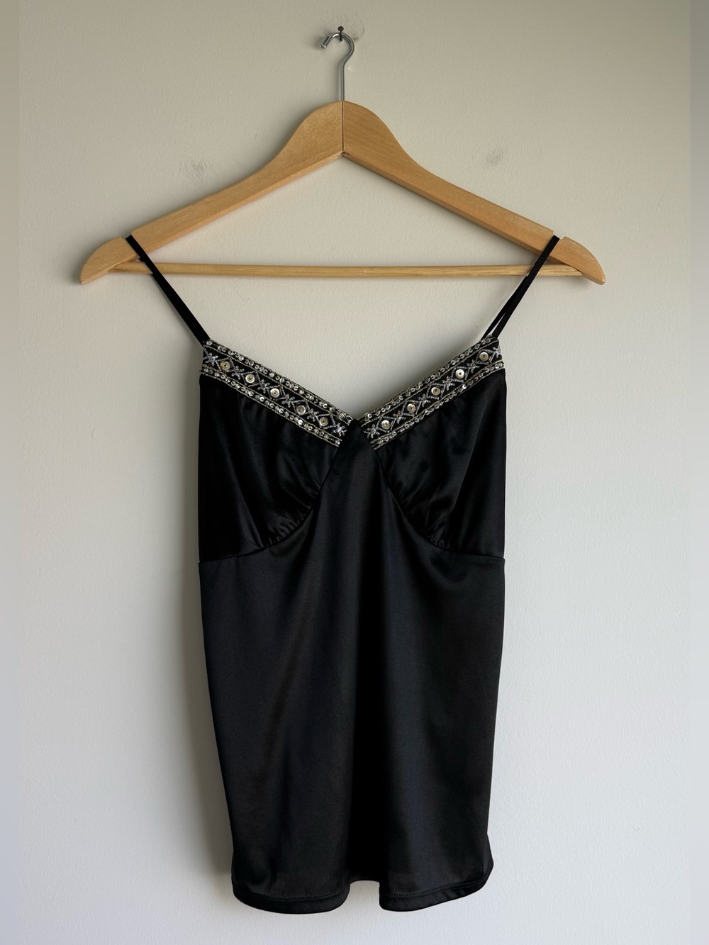 Vintage Y2K Xhilaration XS Black Satin Beaded Embellished Cami Top